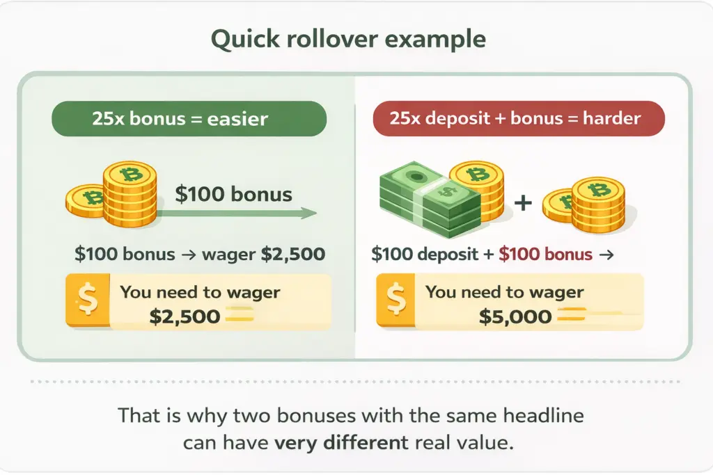 Rollover example comparing bonus headlines and playthrough